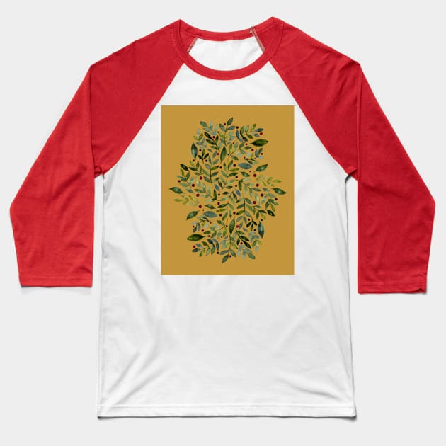 Seasonal branches and berries - green on ochre Baseball T-Shirt by wackapacka